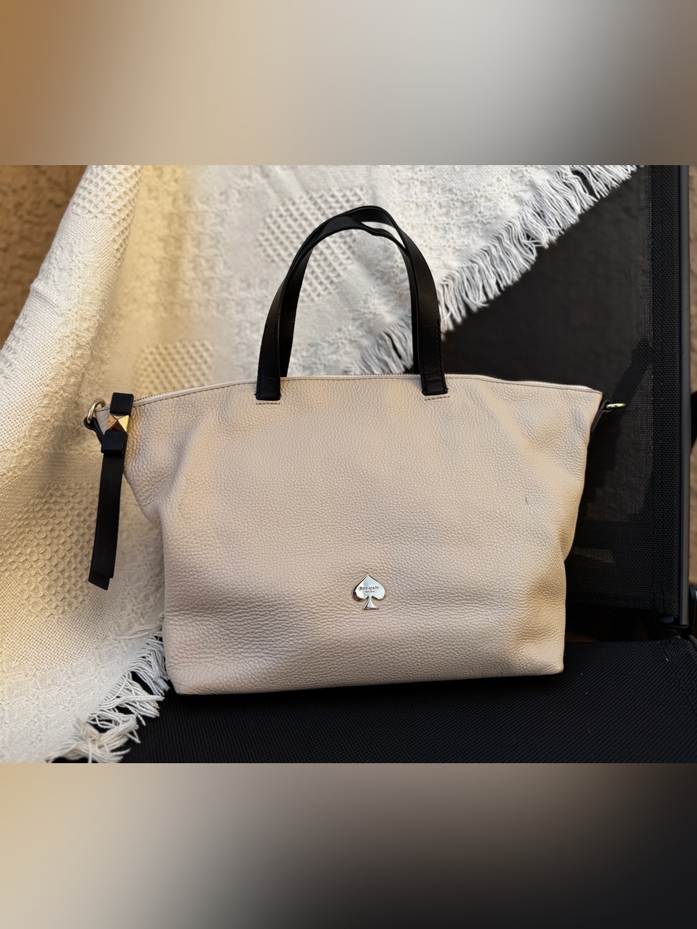 kate spade Ivory/Black Leather Satchel with Black Handles, Strap not included